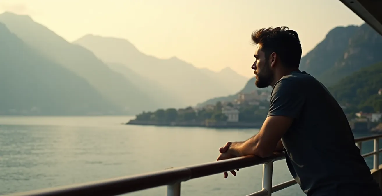Passager contemplant la côte corse depuis le pont d'un ferry au lever du soleil