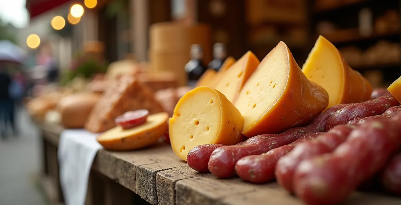 Détail de fromages et charcuteries corses sur un étal de marché villageois