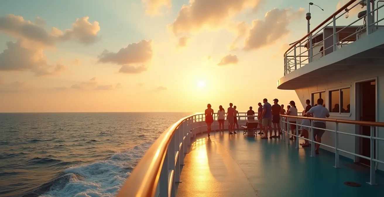 Pont de ferry au coucher du soleil avec passagers contemplant la mer Méditerranée